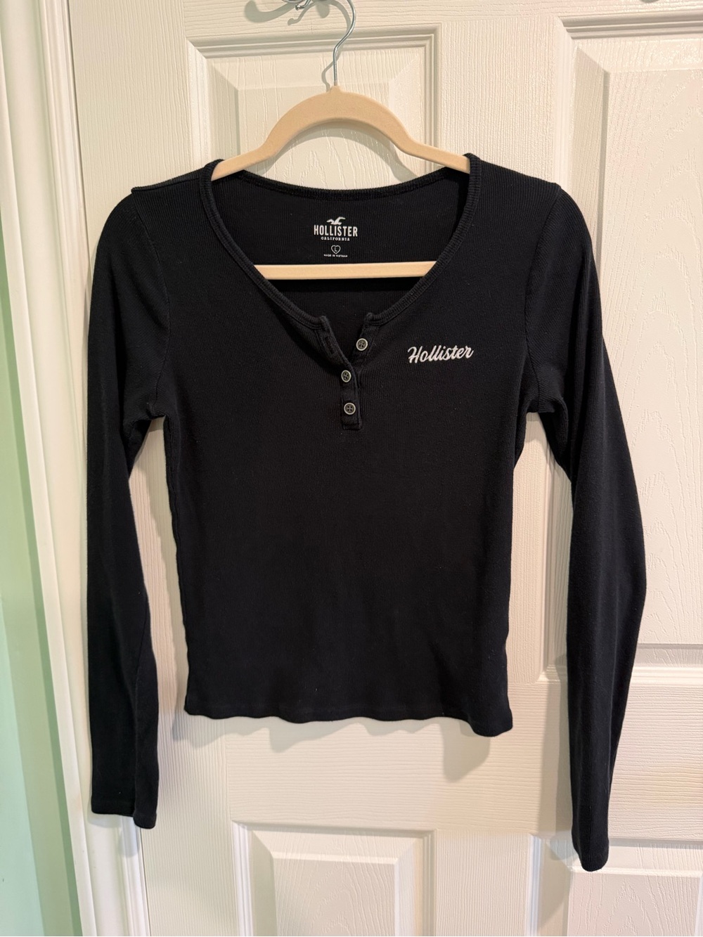 Hollister Black Henley Long Sleeve Top with Logo